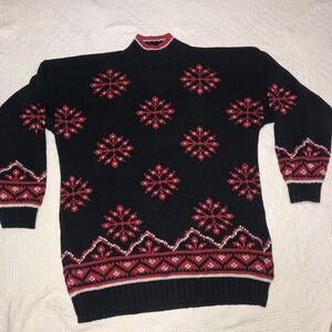 VINTAGE  Best American Clothing Co Sweater Women L  Black/Red  Snowflakes